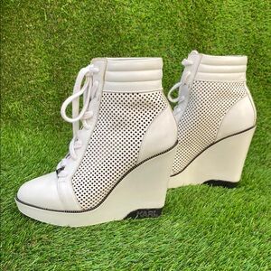 Karl Lagerfeld White High‑Top Wedge Sneakers | Size 6.5 | Lace‑Up Fashion Heels